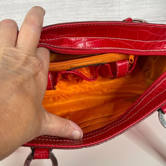 Y2K Tommy Hilfiger Shoulder Bag Red Croc Embossed Leather Pockets Preppy - Picture 6 of 16